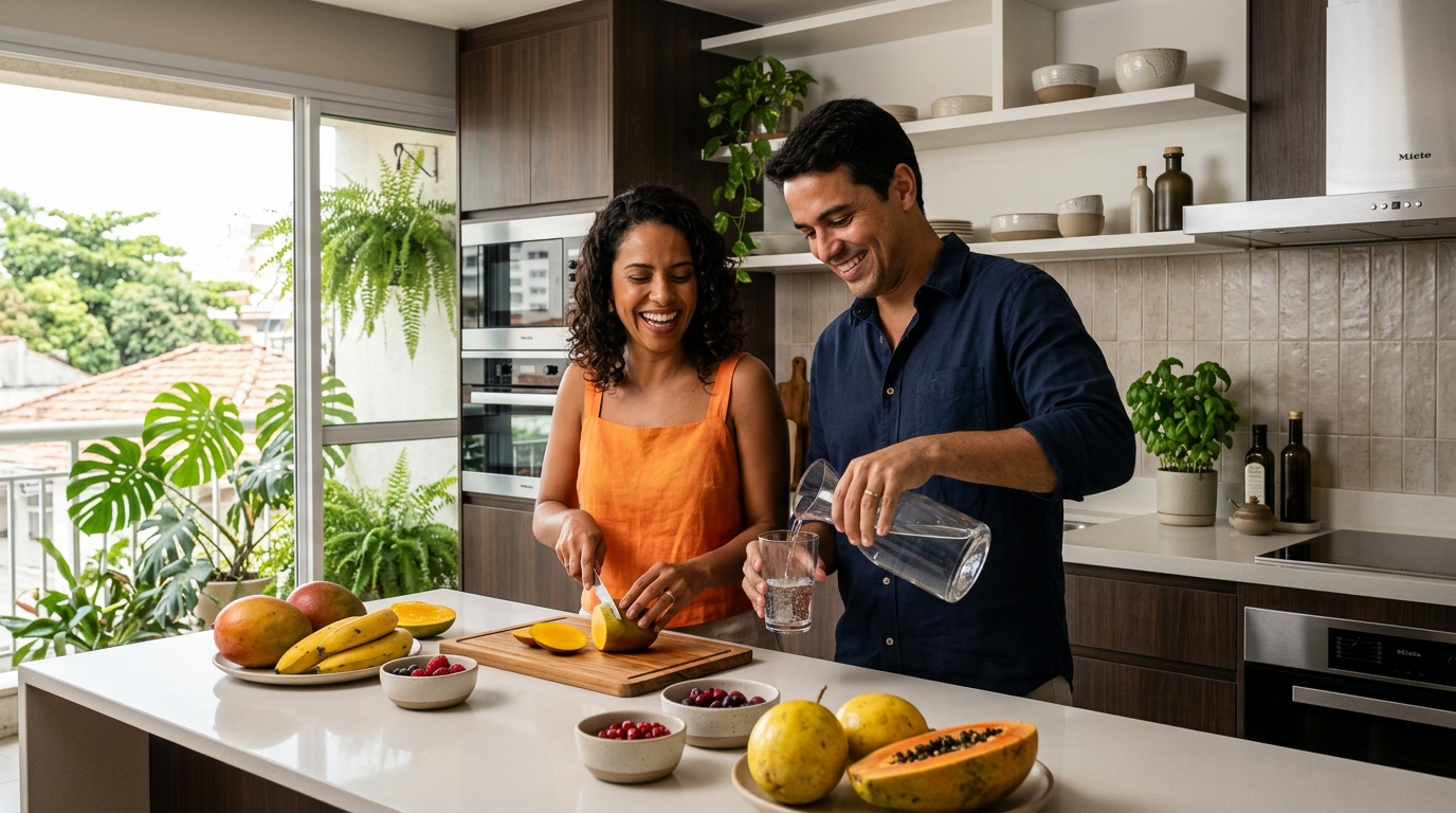 Casal feliz na cozinha com água pura